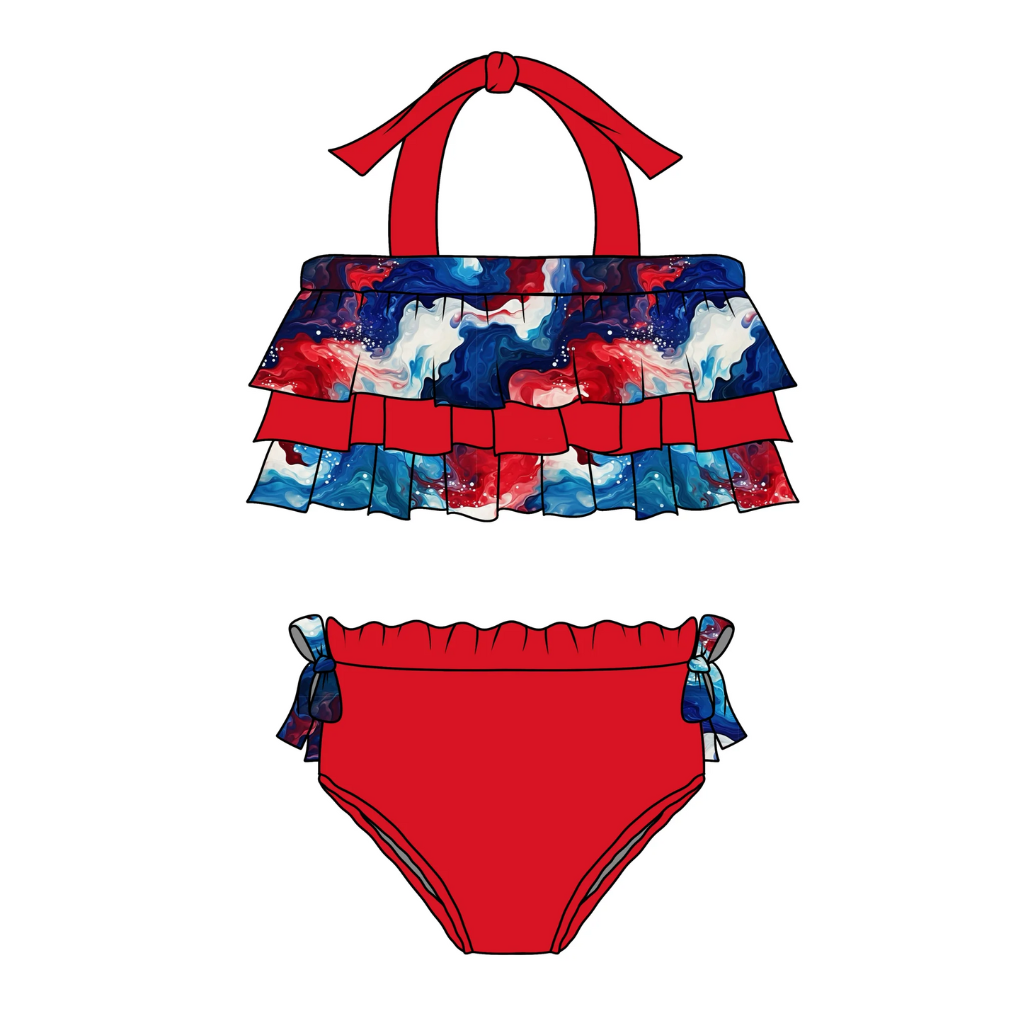 (Custom Design Preorder MOQ 5)  Tie-dye Print Girls 2 Pieces 4th of July Swimsuits