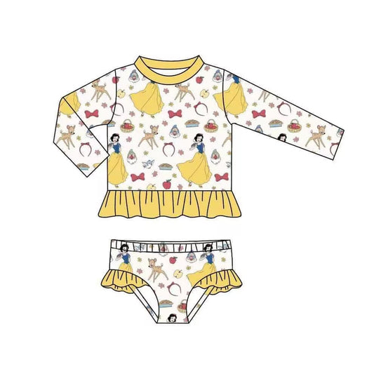 (Custom Design Preorder MOQ 5)  Cartoon Princess Apple Print Girls 2 Pieces Long Sleeve Swimsuits