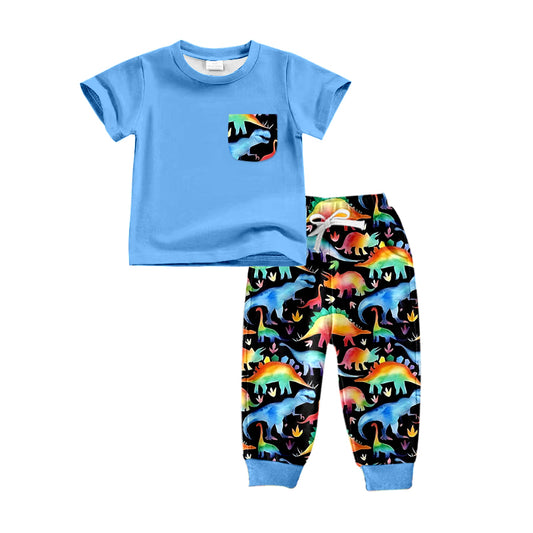 (Custom Design MOQ 5)  Colorful Dinosaur Print Boys Blue Top Clothes Set