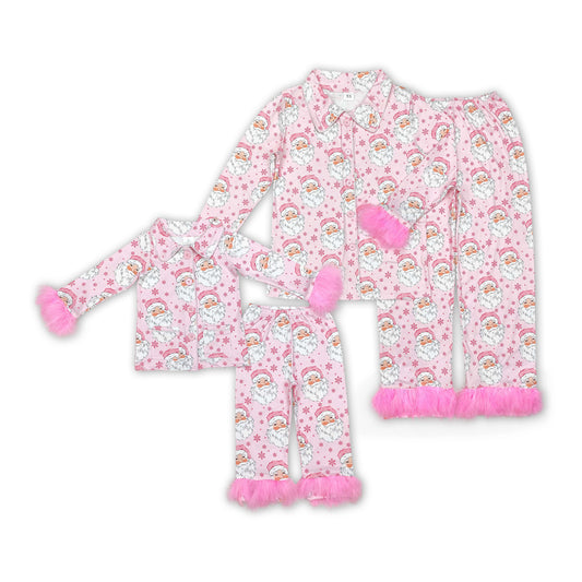 Pink Santa Print Mom and Me Matching Christmas Buttons Fur Pajamas Clothes Set