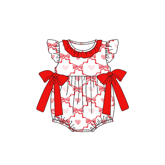 (Custom Design Preorder MOQ 5) Heart Bows Print Baby Girls Valentine's Day Romper