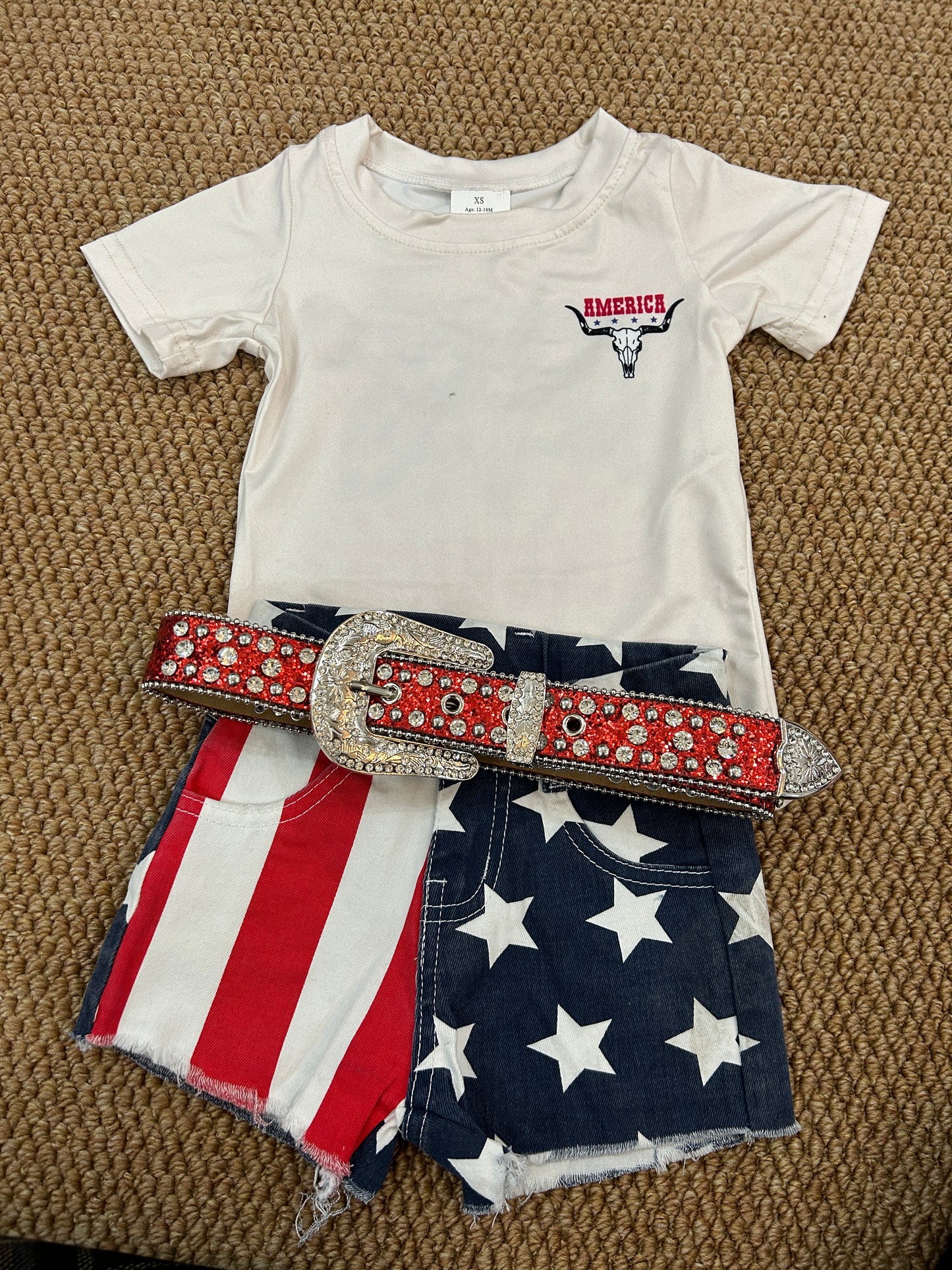 GT0465+SS0168+GB0007 Cow Skull America Top Star Red Stripes Denim Shorts Girls 3 Pieces 4th of July Outfits