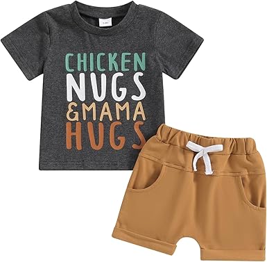 (Custom Design Preorder MOQ 5) Chicken NUGS Grey Top Brown Shorts Boys Summer Clothes Set
