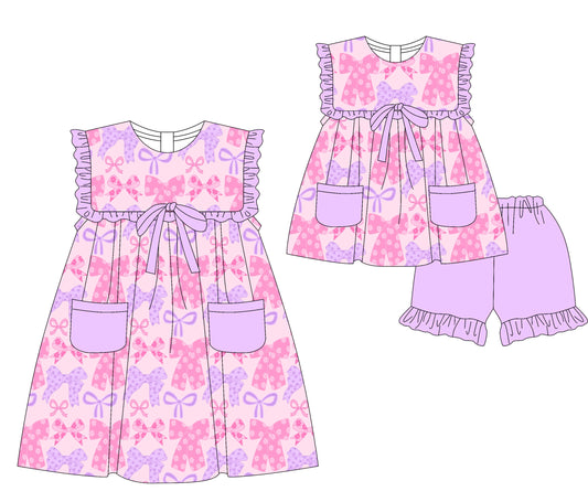 3.5(Custom Design Preorder MOQ 5 Each Design) Pink Purple Flowers Bows Print Pockets Girls Summer Matching Clothes Sisters Wear