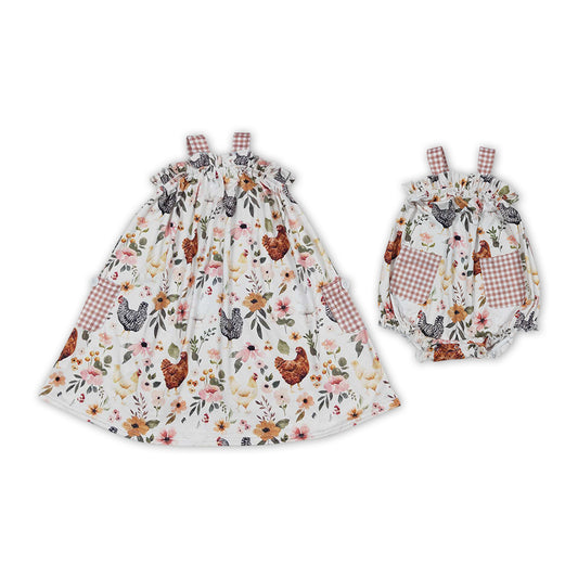 Chicken Flowers Print Pockets Sisters Summer Matching Clothes