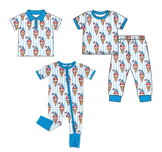 12.23 (Custom Design Preorder MOQ 5 Each Design) Ice Cream Flag Stripes Print Boys 4th of July Matching Clothes Brothers Wear