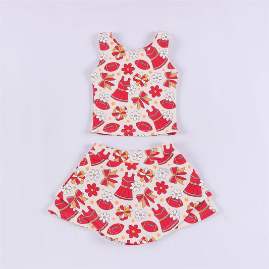 (Custom Design Preorder MOQ 5) Team's Cheer Bows Flowers Print Shorts Skirts Girls Summer Yoga Clothes Set