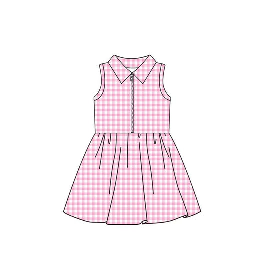 (Custom Design Preorder MOQ 5) Pink Plaid Print Girls Summer Zipper Yoga Dress