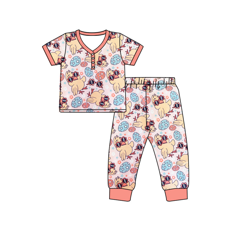 1.7(Custom Design Preorder MOQ 5 Each Design) Chick Eggs Flowers Print Pajamas Sets Mom and Me Easter Matching Clothes