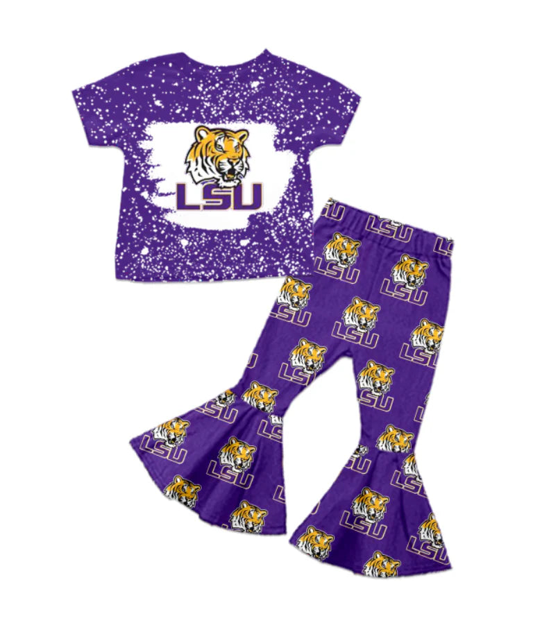 (Custom Design Preorder MOQ 5) Team's Tiger LSU Purple Top Bell Pants Girls Clothes Set