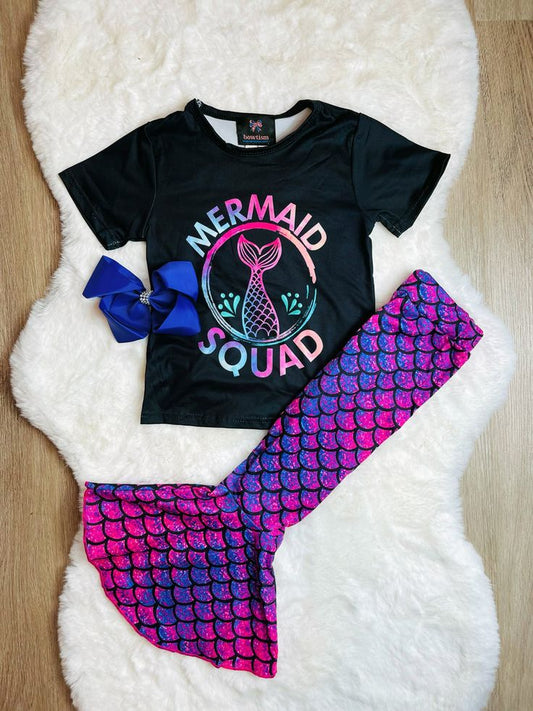 (Custom Design Preorder MOQ 5) MERMAID SQUAD Top Scales Bell Pants Girls Clothes Set