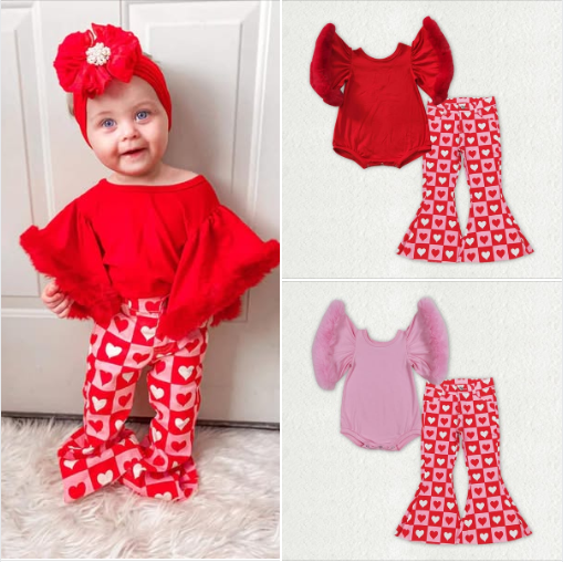 SR0583+P0324 Pink Fur Sleeve Romper Heart Jeans Baby Girls Valentine's Day Clothes Set