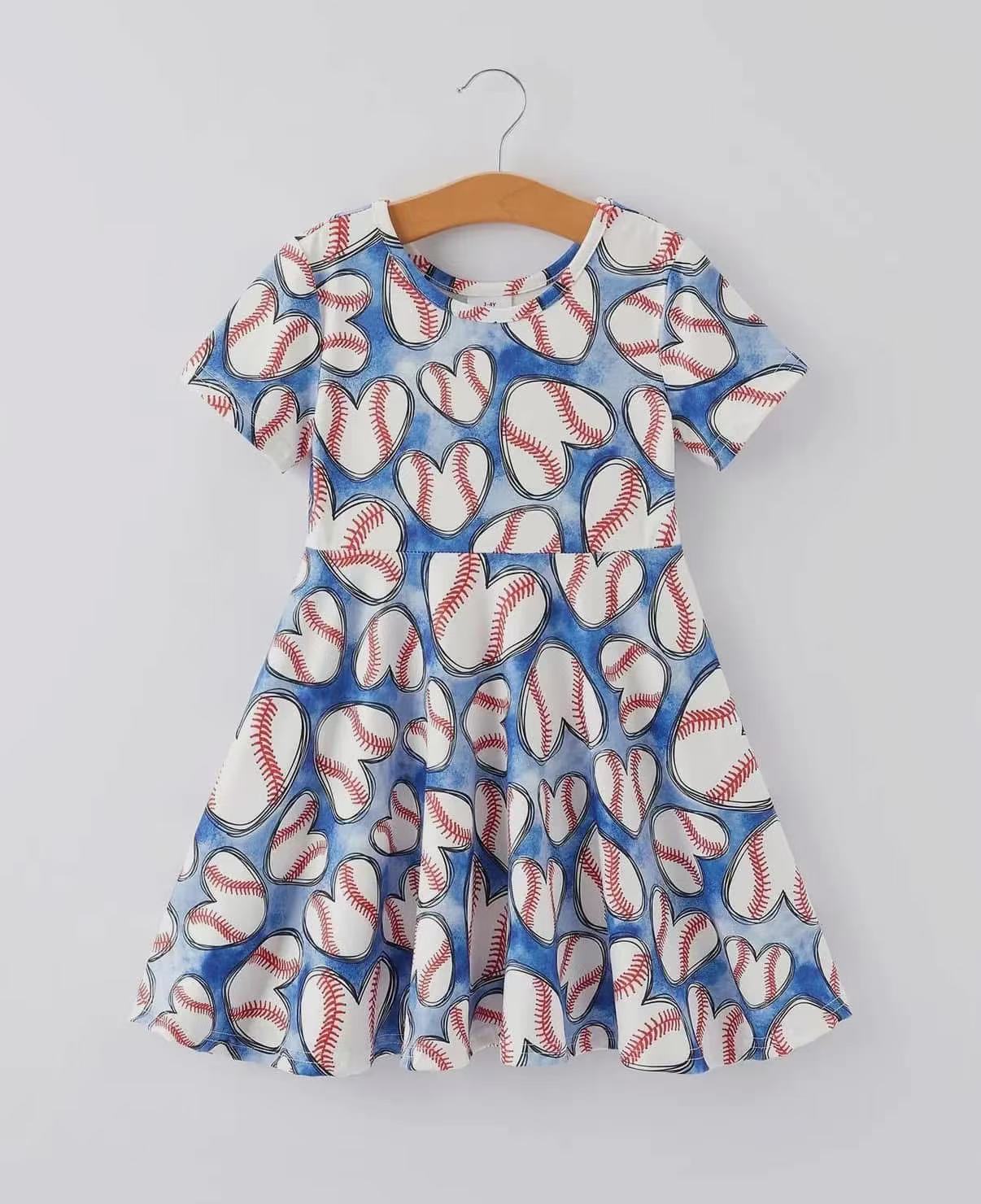 (Custom Design Preorder MOQ 5) Baseball Heart Print Girls Summer Knee Length Dress