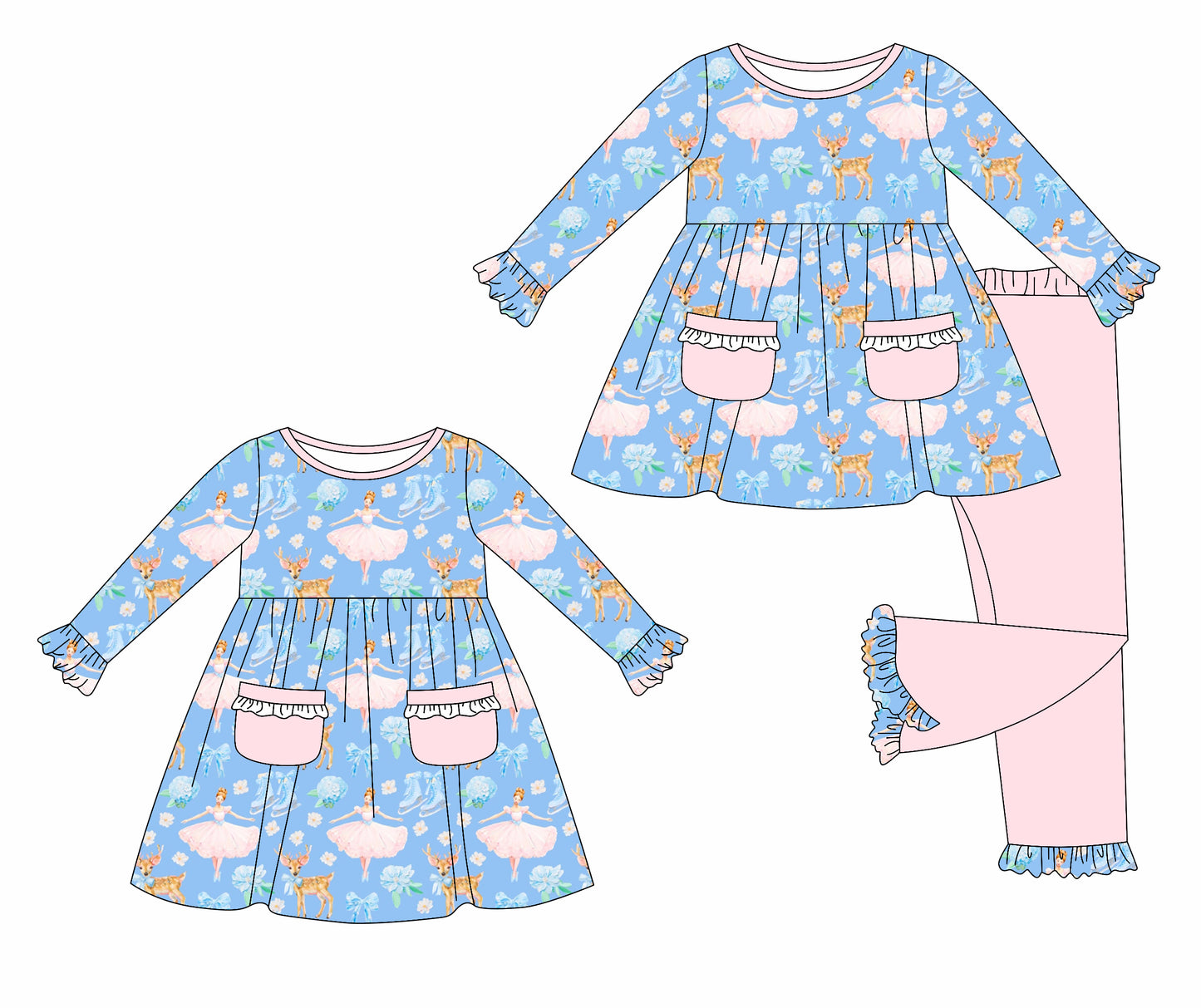 5.22(Custom Design Preorder MOQ 5 Each Design) Dancing Girl Flowers Print Pockets Girls Spring Fall Matching Clothes Sisters Wear