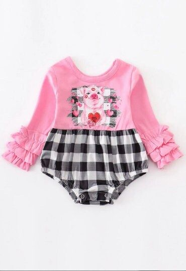 (Custom Design MOQ 5) Kidss Me Heart Cute Pig Baby Girls Valentine's Romper