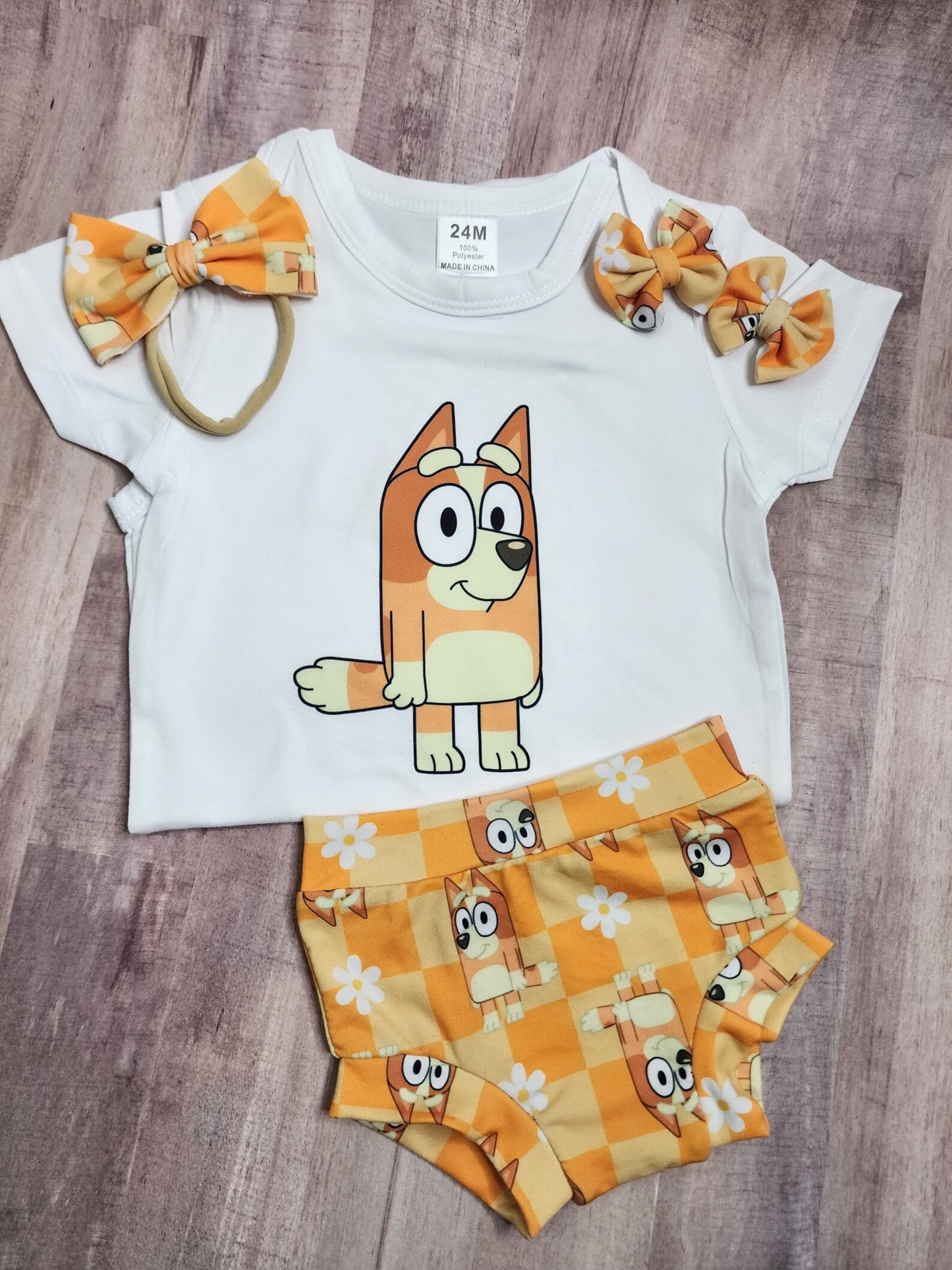 (Custom Design Preorder MOQ 5) Cartoon Dog Flowers Print Baby Girls Summer Bummie Set