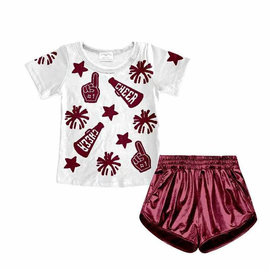 (Custom Design Preorder MOQ 5) Cheer Top Wine Pocket Pleather Elastic Shorts Girls Summer Clothes Set