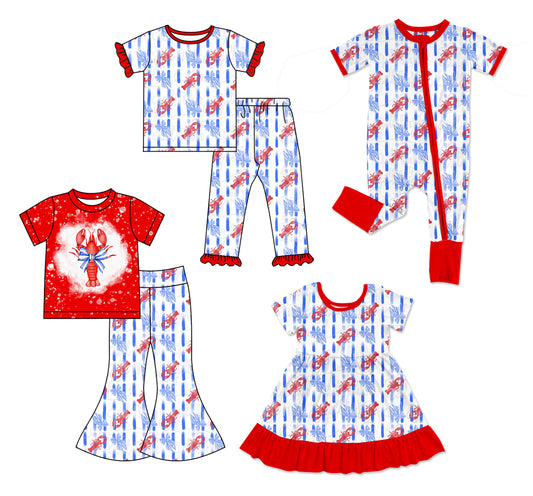 12.5 (Custom Design Preorder MOQ 5 Each Design) Crayfish Bows Print Girls Matching Clothes Sisters Wear
