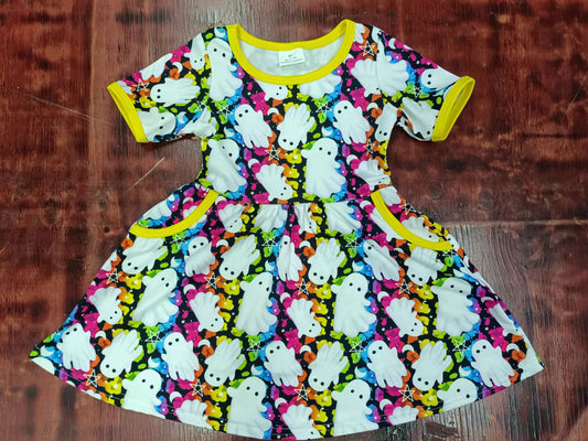 (Custom Design Preorder MOQ 5) Ghost Colorful Leopard Print Girls Knee Length Halloween Dress