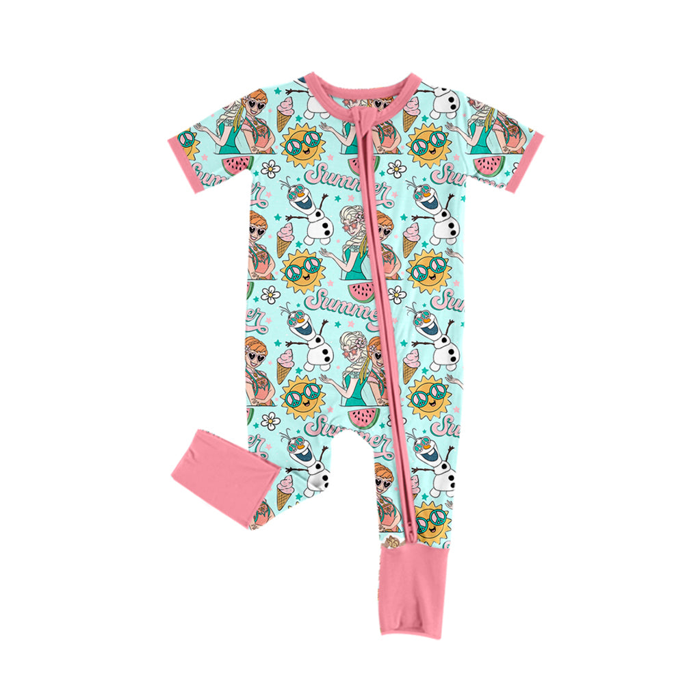 (Custom Design Preorder MOQ 5)  Cartoon Princess Print Baby Girls Bamboo Summer Sleeper Zipper Romper