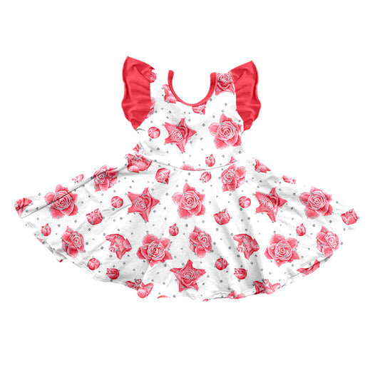 (Custom Design Preorder MOQ 5) Red Rose Print Girls Knee Length Summer Dress