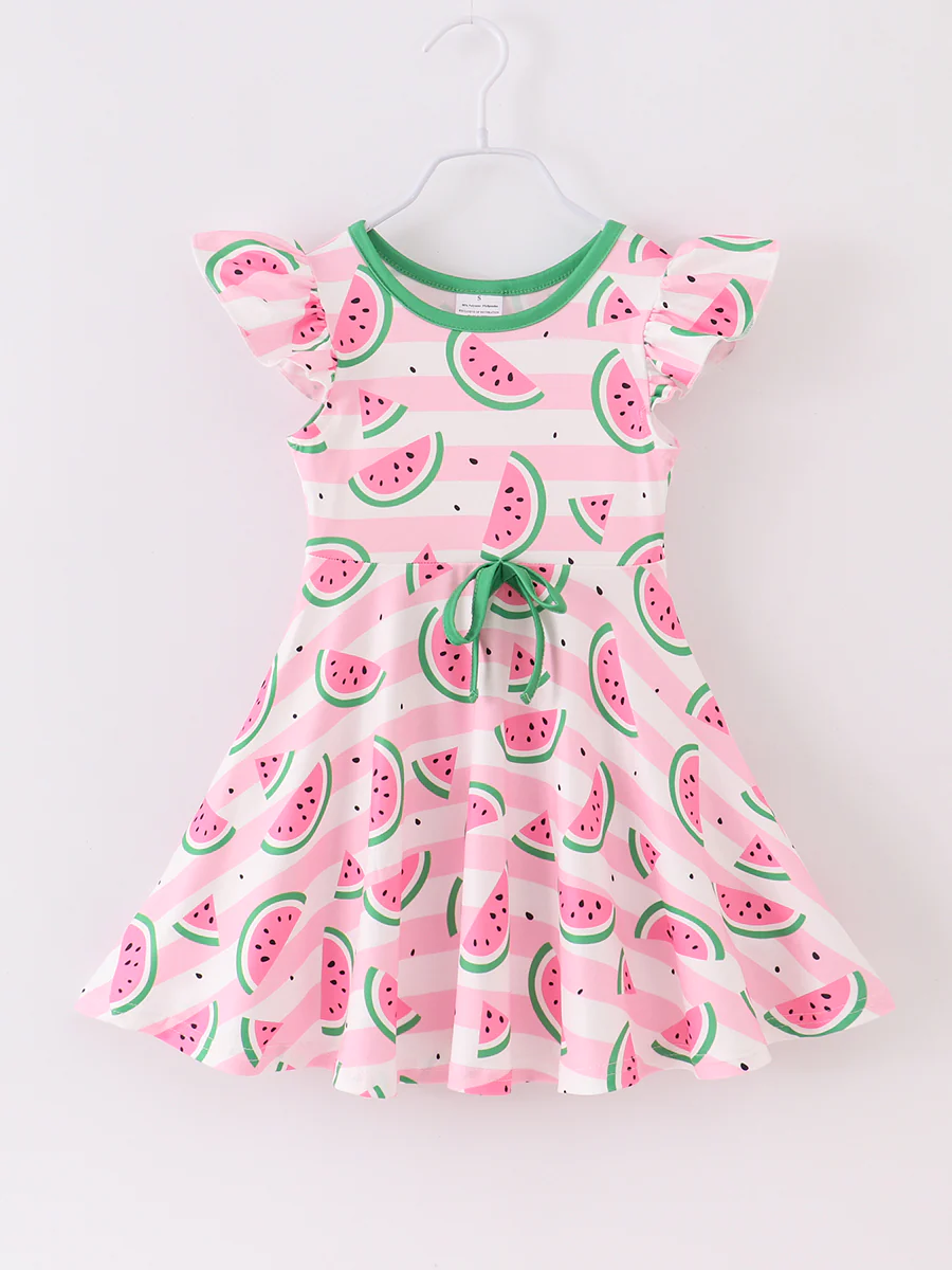 (Custom Design Preorder MOQ 5) Watermelon Print Girls Summer Knee Length Dress