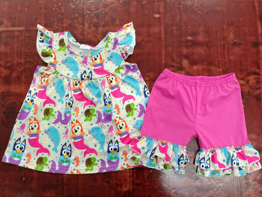 (Custom Design Preorder MOQ 5) Cartoon Dog Fish Top Ruffle Shorts Girls Summer Clothes Set
