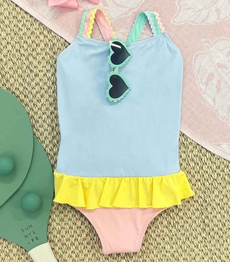 (Custom Design Preorder MOQ 5)  Blue Pink Yellow Colors Ruffle Girls 1 Piece Swimsuits