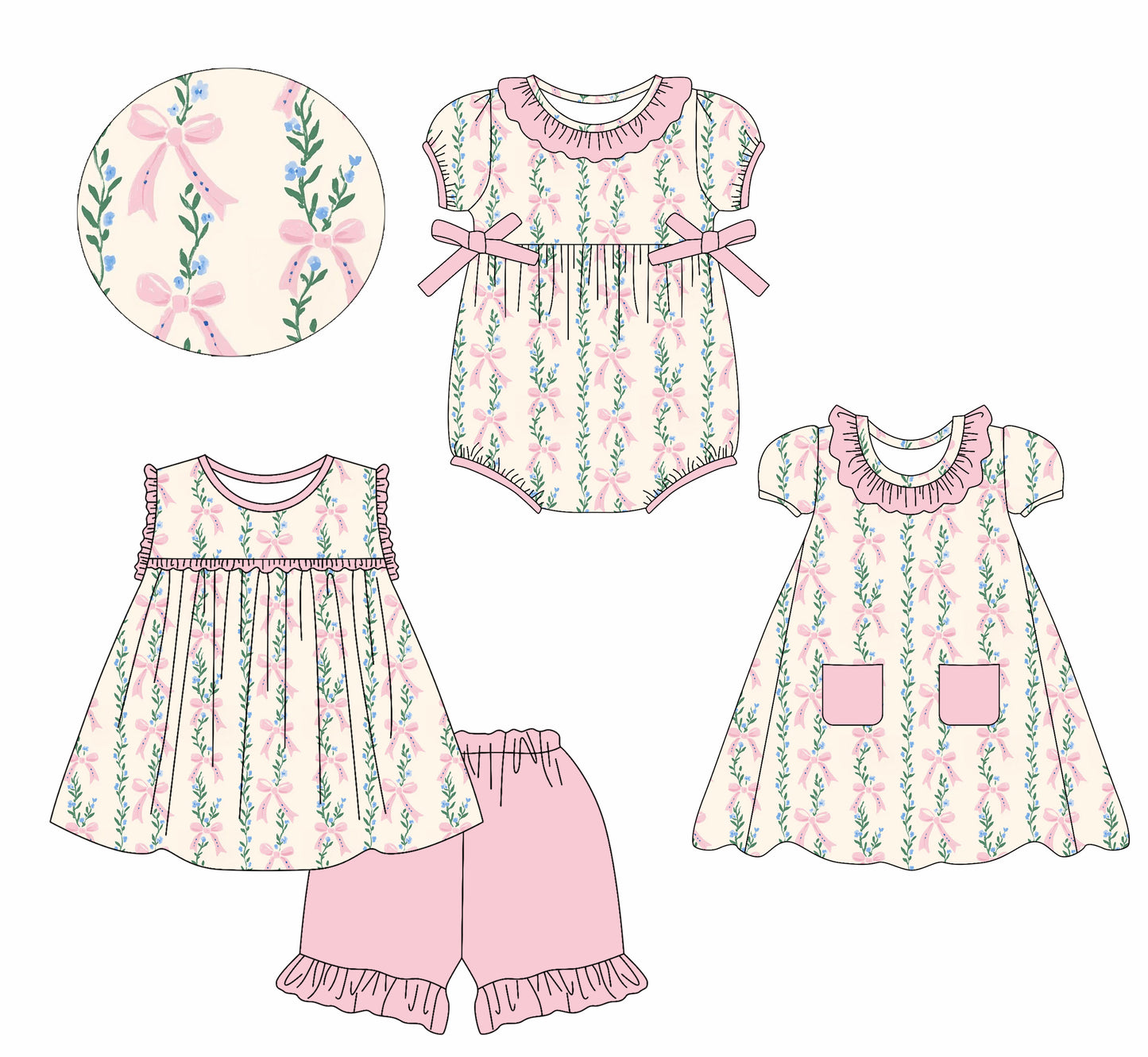 2.22(Custom Design Preorder MOQ 5 Each Design) Blue Flowers Bows Print Girls Summer Matching Clothes Sisters Wear