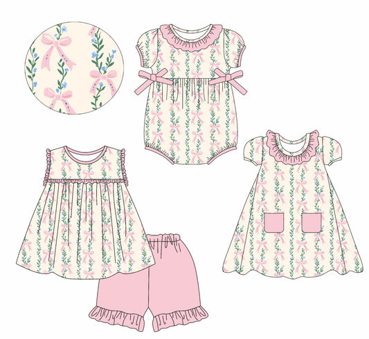 2.22(Custom Design Preorder MOQ 5 Each Design) Blue Flowers Bows Print Girls Summer Matching Clothes Sisters Wear