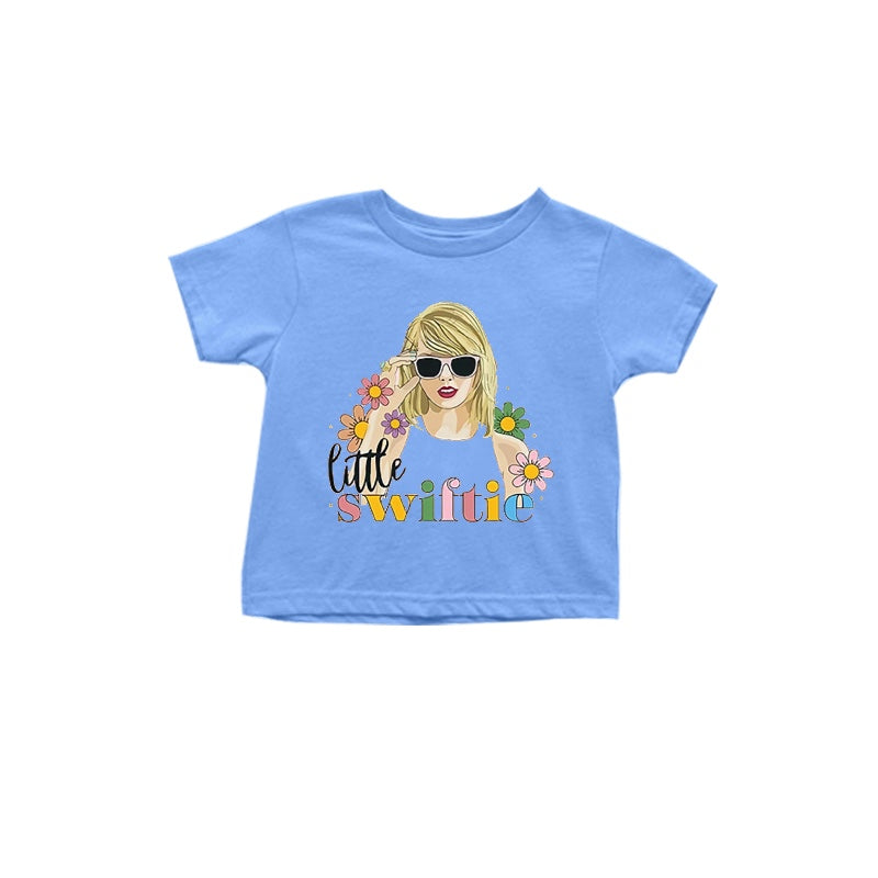 (Custom Design Preorder MOQ 5) Blue Singer Flowers Print Girls Summer Tee Shirts Top