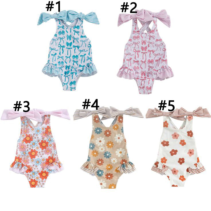(Custom Design Preorder MOQ 5) 5 Colorful Print Ruffle Girls 1 Piece Swimsuits