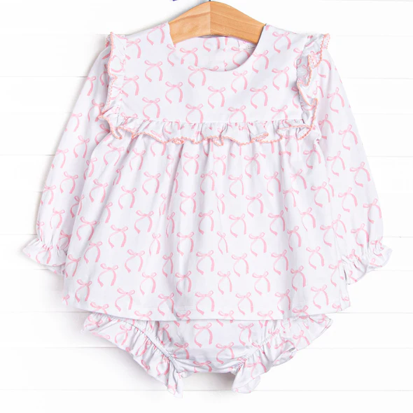 (Custom Design Preorder MOQ 5 ) Pink Small Bows Tunic Top Shorts Baby Girls Bummie Set