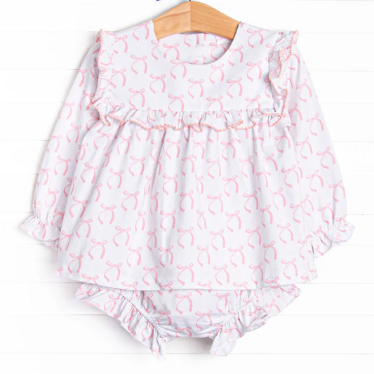 (Custom Design Preorder MOQ 5 ) Pink Small Bows Tunic Top Shorts Baby Girls Bummie Set
