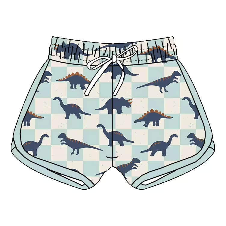 (Custom Design Preorder MOQ 5)  Dino Plaid Print Boys Summer Shorts