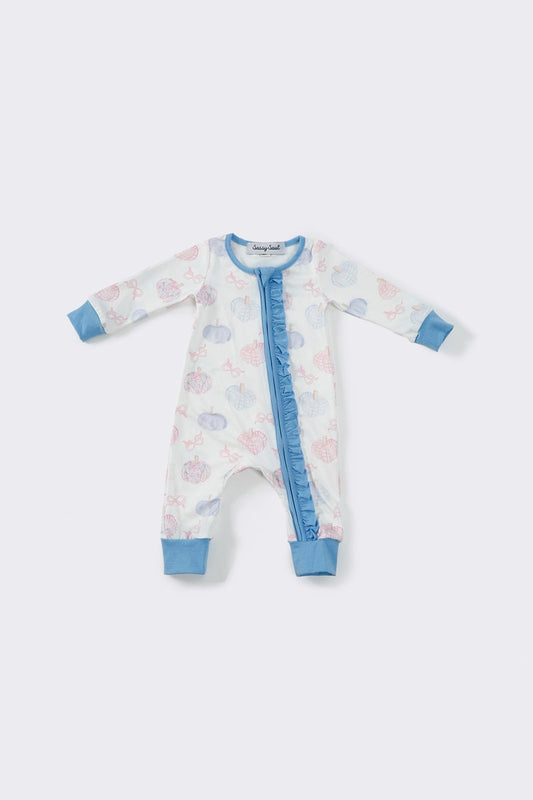 (Custom Design Preorder MOQ 20)  Pumpkin Bows Blue Print Baby Girls Fall Bamboo Sleeper Zipper Romper