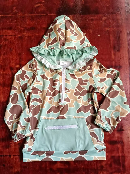 (Custom Design Preorder MOQ 3 )  Camo Print Pocket Girls Hoodie Zipper Tee Shirts Top