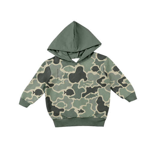 (Custom Design Preorder MOQ 5)  Green Camo Fish Print Kids Long Sleeve Hoodie Tee Shirts Top