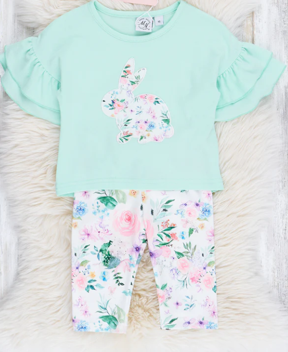 (Custom Design Preorder MOQ 5) Bunny Top Flowers Pants Girls Easter Clothes Set