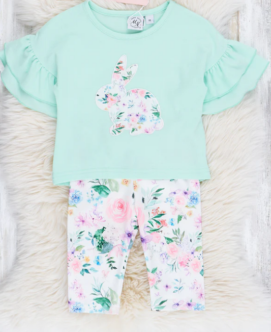 (Custom Design Preorder MOQ 5) Bunny Top Flowers Pants Girls Easter Clothes Set