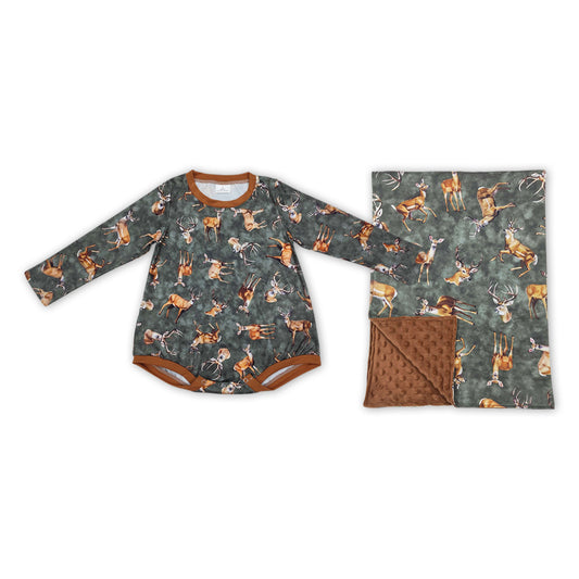 Deer Brown Print Baby Long Sleeve Hunting Romper With Blanket