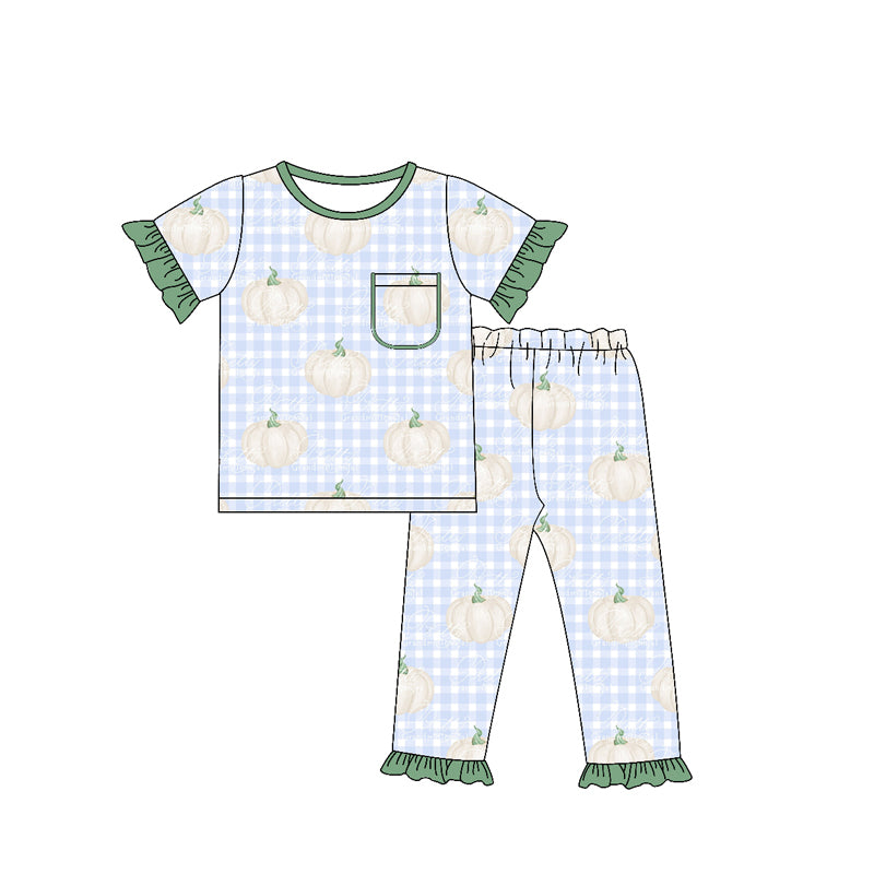(Custom Design Preorder MOQ 5)  Pumpkin Print Girls Fall Pajamas Clothes Set