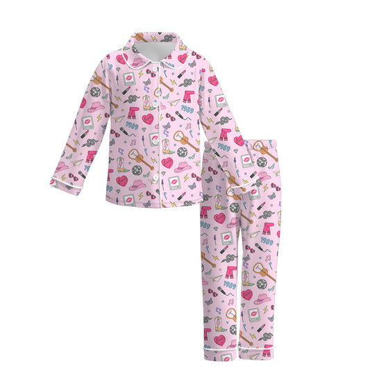 (Custom Design Preorder MOQ 5)  Singer Swiftie Pink Print Girls Fall Buttons Pajamas Clothes Set