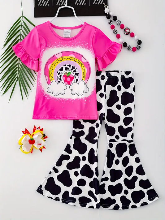 (Custom Design Preorder MOQ 5) Rainbow Apple Top Bell Pants Girls Clothes Set