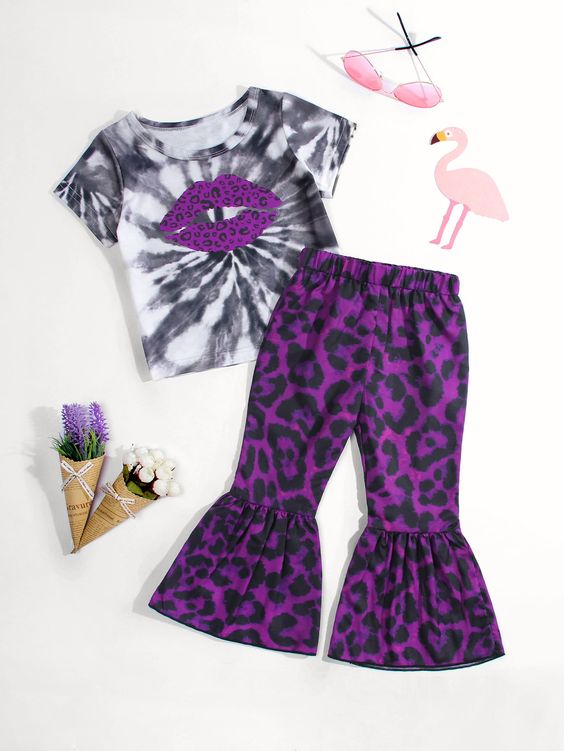 (Custom Design Preorder MOQ 5) Purple Lip Top Leopard Bell Pants Girls Clothes Set