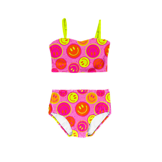 (Custom Design Preorder MOQ 5)  Hot Pink Smiling Face Print Girls 2 Pieces Swimsuits
