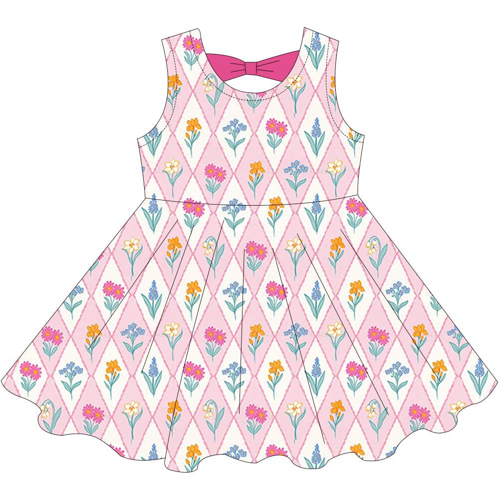 (Custom Design Preorder MOQ 5)Colorful Flowers Print Girls Summer Knee Length Dress