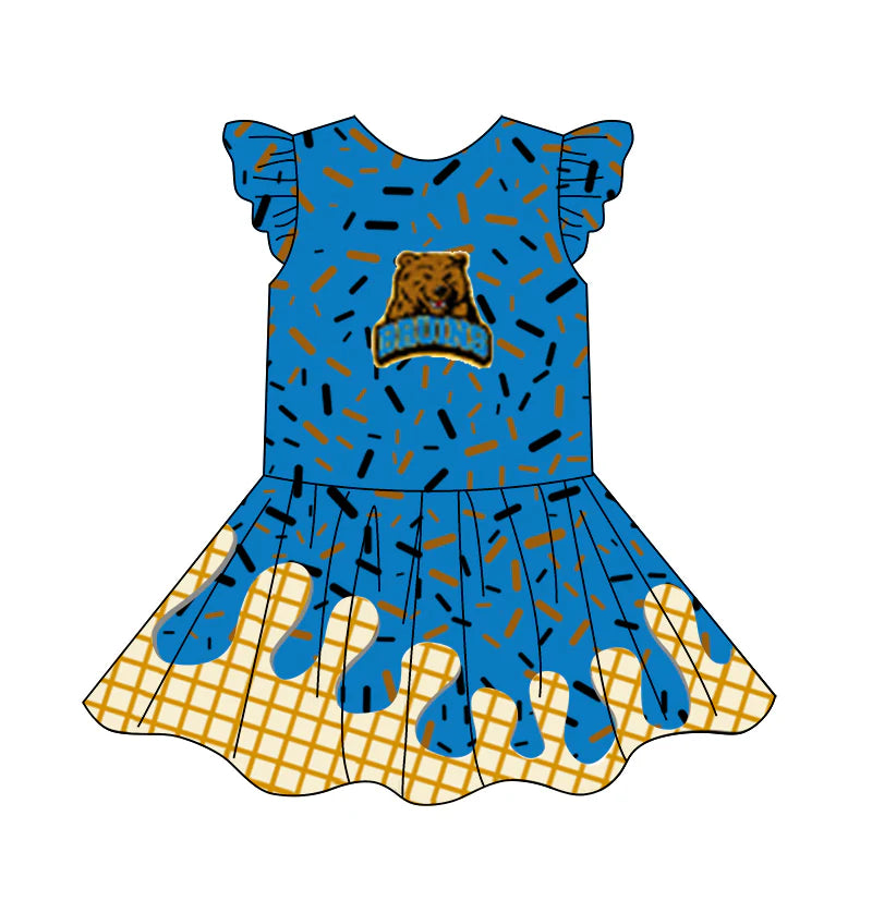 (Custom Design Preorder MOQ 5) Team's Bear Blue Sprinkles Print Girls Summer Knee Length Dress