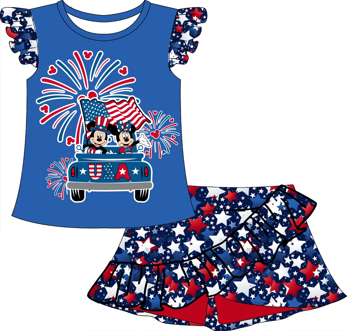 (Custom Design Preorder MOQ 5)  Cartoon Mouse Print Girls 4th of July Clothes Set