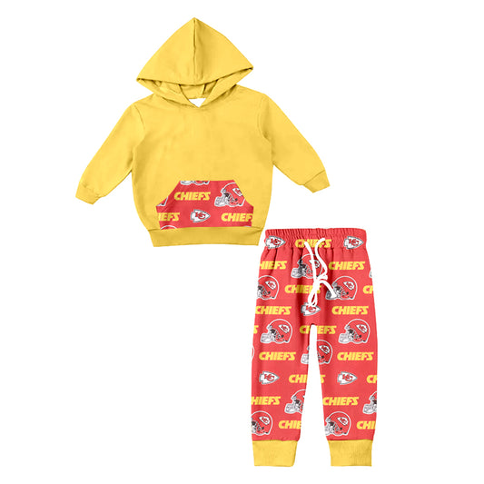 (Custom Design Preorder MOQ 5) Yellow Hoodie Pockets Top Team's KC Red Pants Kids Fall Clothes Set